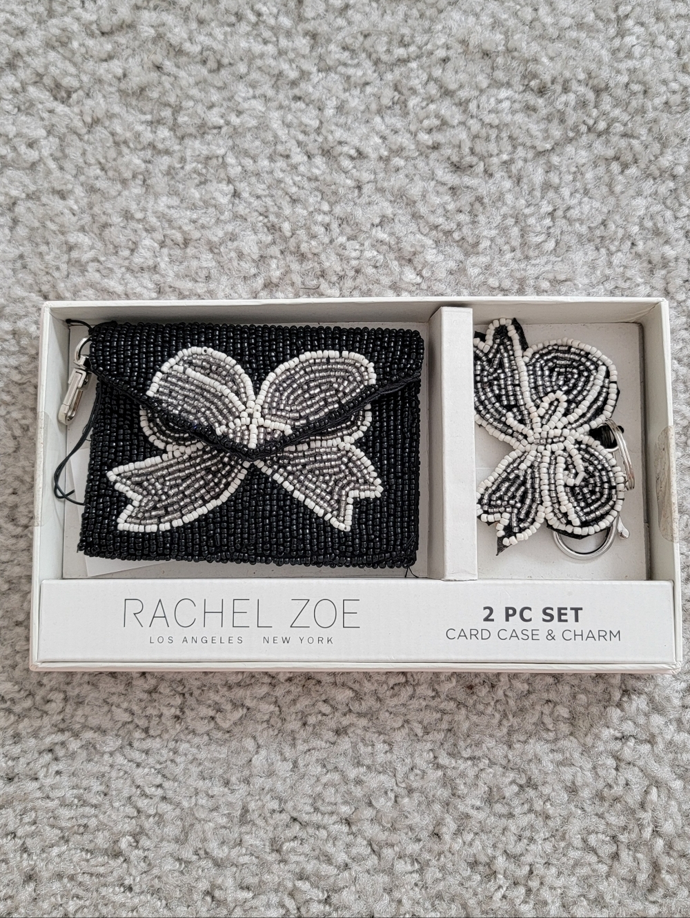 NWT Rachel Zoe Black & White Beaded Card Case and Charm 2-Piece Set